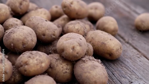 Freshly Harvested Potatoes Displayed on a Rustic Wooden Surface close up footage