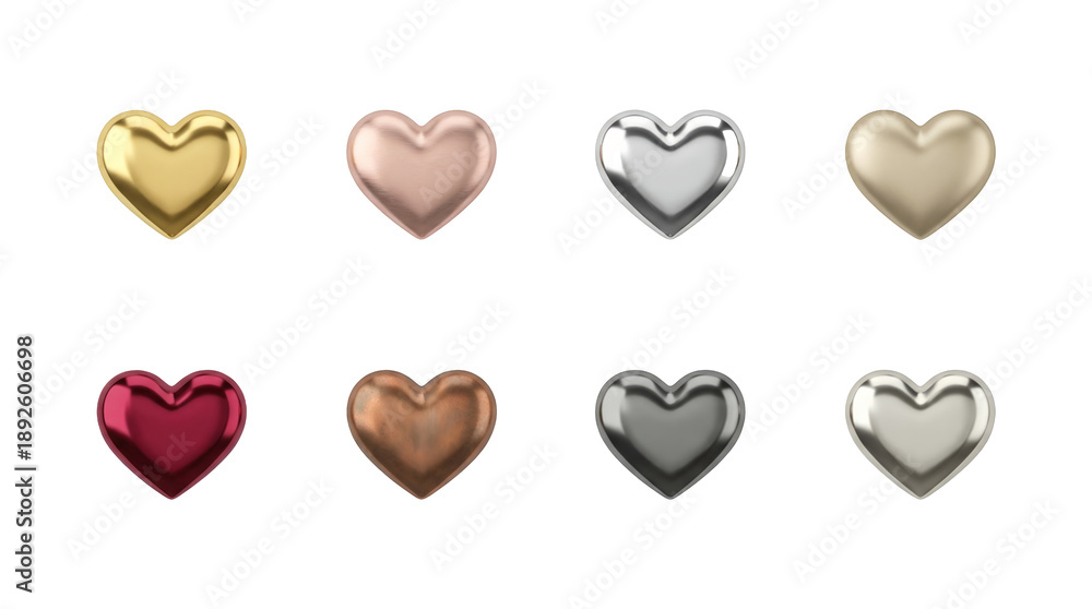 Obraz premium Metallic heart set including gold, silver, bronze, rose gold, red, and gunmetal finishes isolated. Love symbol and luxury design element collection.