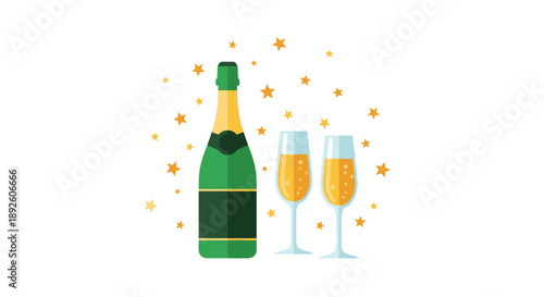 Green Champagne Bottle and Filled Glasses Surrounded by Golden Stars for a Grand Celebration and Gala Event.