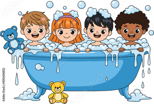 Cute children bathing together in bathtub with soap bubbles, toys, hygiene concept, and happy cartoon bathroom scene
