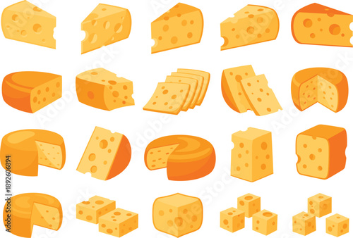 Vector Illustration Set of Various Cheese Types, Wedges, Wheels, and CubesVector Illustration Set of Various Cheese Types, Wedges, Wheels, and Cubes