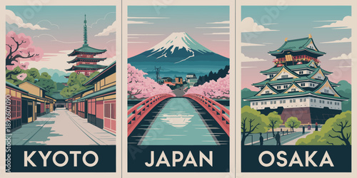 Japanese street, traditional JAPAN travel poster, with pagoda tower and pink cherry blossom trees