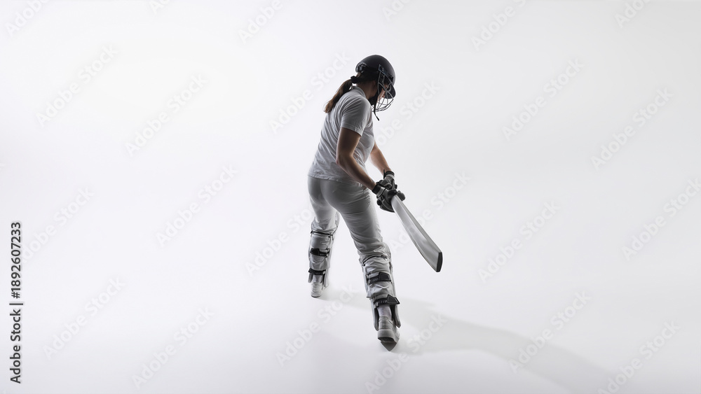 Obraz premium Female cricket batter swinging bat isolated on white background. Concept of sports marketing, athletic energy, training intensity, women empowerment and professional fitness performance advertising.