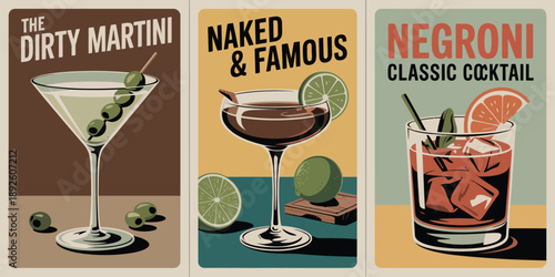 Dirty martini, THE DIRTY MARTINI cocktail poster with martini glass, seven green olives and brown background