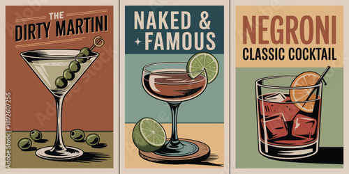 Dirty martini, classic THE DIRTY MARTINI drink poster featuring olive garnish, scattered olives and minimalist design