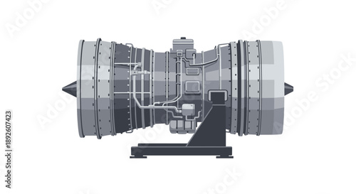 High Performance Jet Turbine Engine Assembly on a Stable Stand with Technical Gray Tones and Precise Detail.