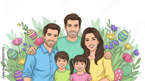 Smiling family of four together.