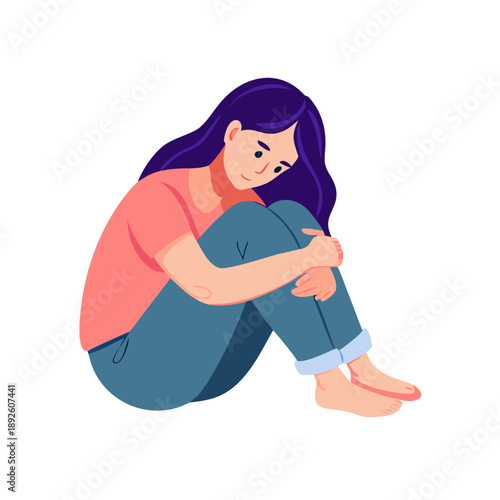 Unhappy girl sitting in depression and hand helping her flat vector illustration. Cartoon sad woman embracing knees in melancholy and waiting for support. Stress and psychology ... See More
