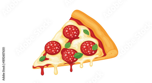 Delicious Slice of Pepperoni Pizza with Melting Mozzarella Cheese and Fresh Basil Leaves on White Background.