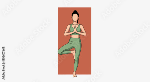 Woman in green activewear performs tree pose in yoga.