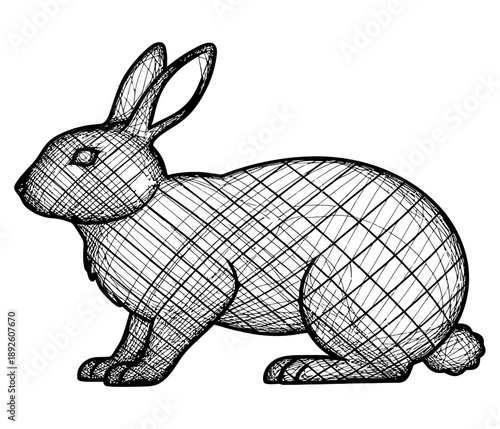 A wireframe illustration of a rabbit viewed from the side on a white background