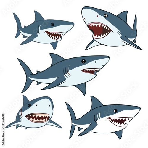 Set of cartoon sharks in various poses on a white background