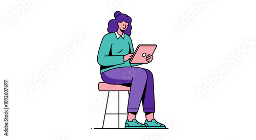 Woman Using Digital Tablet While Sitting on Stool