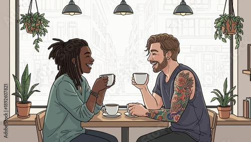Couple drinking coffee and chatting.