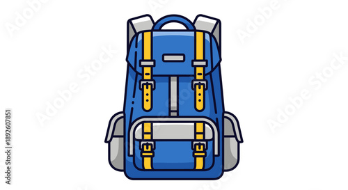 Blue backpack with yellow straps on white background