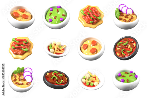 Collection of Mexican dishes in realistic style. Soups, casseroles, tostadas