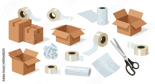 Random Arrangement of Cardboard Boxes Scissors Tape Rolls and Bubble Wrap for Packing and Shipping Supplies.