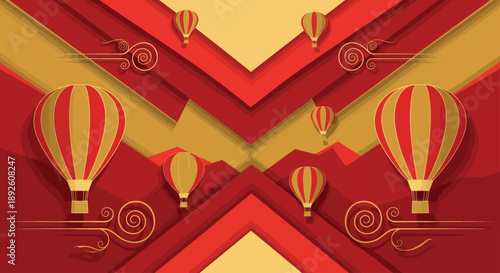 Abstract Paper Cut Hot Air Balloons over Mountains | Aerostat & Montgolfier Illustration