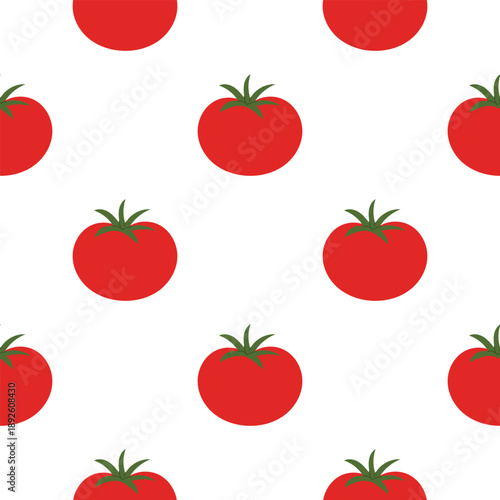 Seamless pattern with whole ripe tomatoes. Fresh red vegetable background for kitchen design, food packaging and textile. Flat vector illustration isolated on white background.