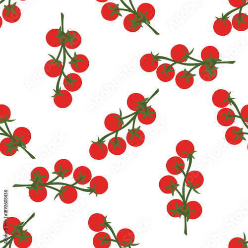 Seamless pattern with cherry tomatoes on branch. Fresh organic vegetables background for food packaging, kitchen and market design. Flat vector illustration isolated on white background.