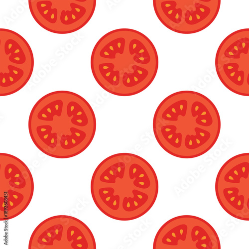 Seamless pattern with sliced tomatoes. Fresh cut vegetable texture for food packaging, restaurant menu and kitchen design. Flat vector illustration isolated on white background.