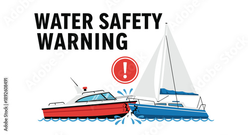 Powerboat and Sailboat Colliding on Water with Safety Warning Text and an Alert Icon for Maritime Awareness.