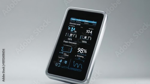 Close-up of a handheld medical monitor angled against a gray backdrop, its bright touchscreen displaying heart rate, oxygen saturation, temperature, and waveform graphs in a clean, modern interface.