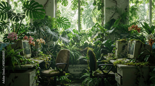 Salle informatique abandonnée envahie par la végétation