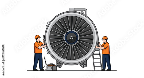 Two Professional Engineers in Hard Hats and Orange Uniforms Adjusting a Massive Industrial Turbine in a Workshop.
