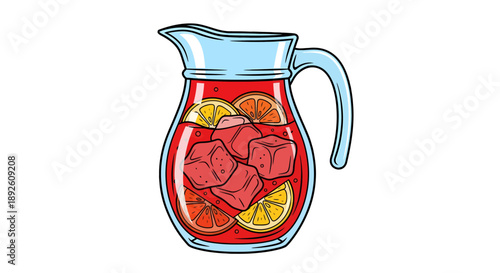 Festive illustration of red Spanish sangria punch in a pitcher