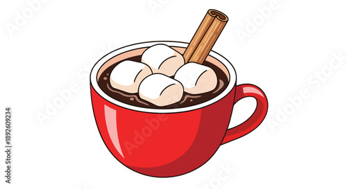 Delicious hot cocoa illustration in a red mug with marshmallows