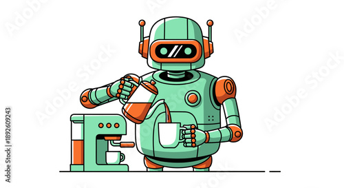 Robot pouring coffee from a pot into a mug near a coffee machine.
