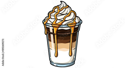 Layered iced caramel latte drink topped with whipped cream and drizzle