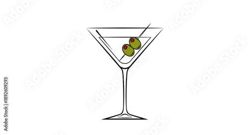 Elegant minimalist line art of a classic Martini cocktail with olives