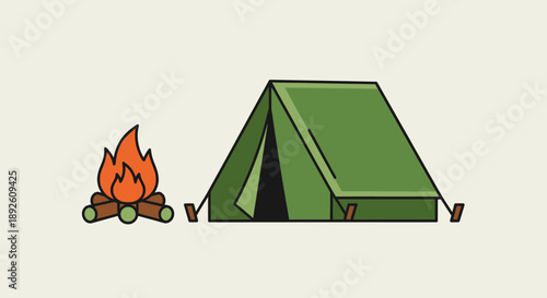 Green camping tent with a campfire