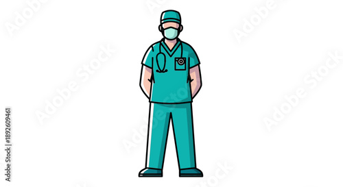 A medical professional wearing scrubs, a mask, and a stethoscope.