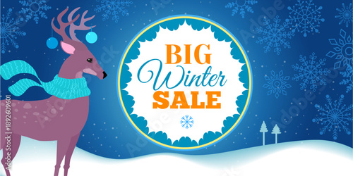 Cartoon style horizontal winter sale banner with a cute deer, snowy winter landscape and decorative snowflake ornament. Bright festive design for online ads, websites, promotions and seasonal marketin