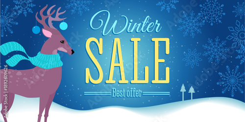 Cartoon style horizontal winter sale banner with a cute deer, snowy winter landscape and decorative snowflake ornament. Bright festive design for online ads, websites, promotions and seasonal marketin