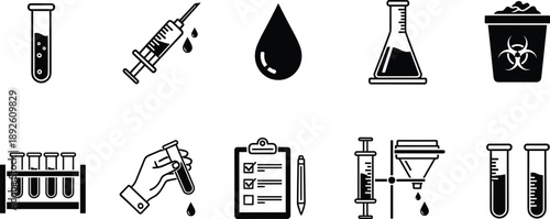 Medical laboratory line icon set featuring blood test syringe beaker biohazard and scientific equipment symbols for healthcare research design use