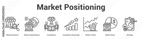 Market Positioning web banner icon set vector illustration concept for business with icon of Market Research, Market Segmentation, Competition, Competitive Advantage, Market Trends, Mar.