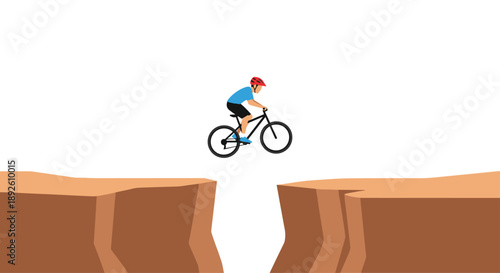 Cyclist Performing a High Jump Between Two Steep Brown Rocky Cliffs on a White Background for an Extreme Sport.