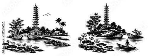 Peaceful asian landscape vector featuring tall pagoda tower and boatman on river with lotus flowers