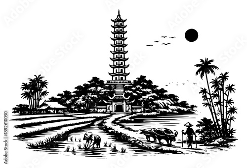 Black and white vector illustration of Vietnamese landscape with pagoda rice field and water buffalo