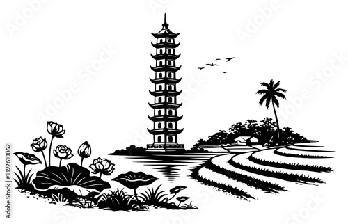 Traditional Asian pagoda tower surrounded by rice terraces and lotus flowers in black and white style