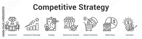 Competitive Strategy web banner icon set vector illustration concept for business with icon of Competition, Competitive Advantage, Strategy, Market Entry Strategy, Market Penetration, Mar.