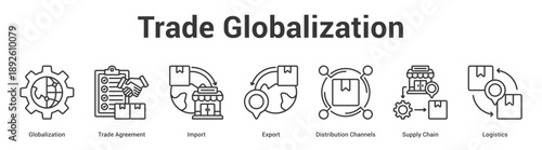 Trade Globalization web banner icon set vector illustration concept for business with icon of Globalization, Trade Agreement, Import, Export, Distribution Channels, Sup.