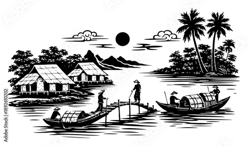 Rural Asian river landscape with stilt houses palm trees and fishermen on boats