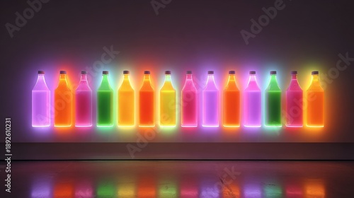 Neon illuminated bottles in a variety of colors are arranged in a row against a plain wall, creating a striking visual effect with reflections on the floor
