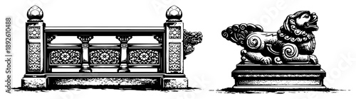 Detailed black and white vector of stone balustrade and chinese guardian lion statue