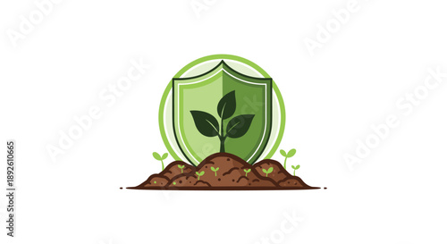 Green Shield Protecting a Small Seedling Growing in Rich Soil Representing Environmental Conservation and Safety.